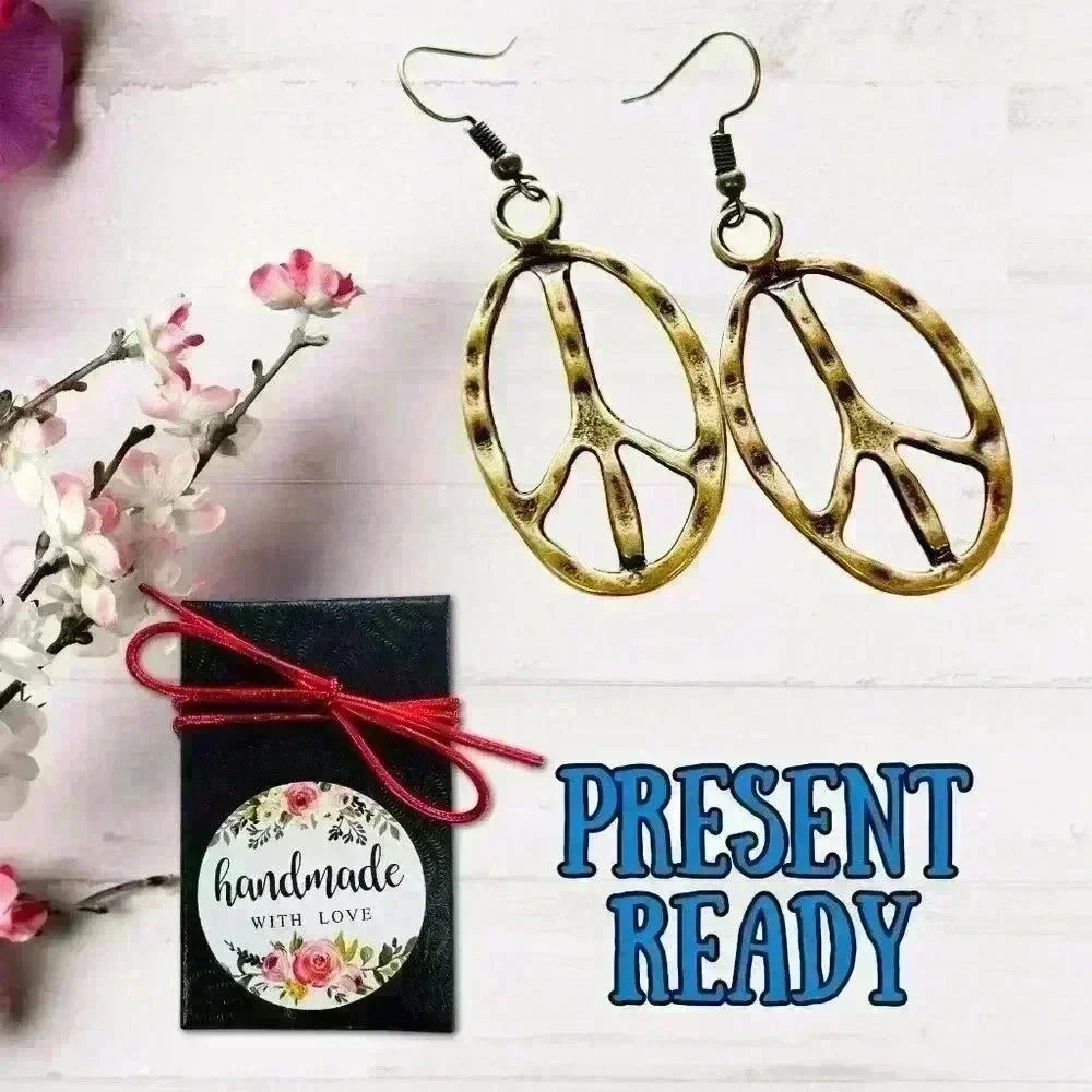 Peace sign hippie earrings hippy accessories bronze tone bohemian retro jewelry